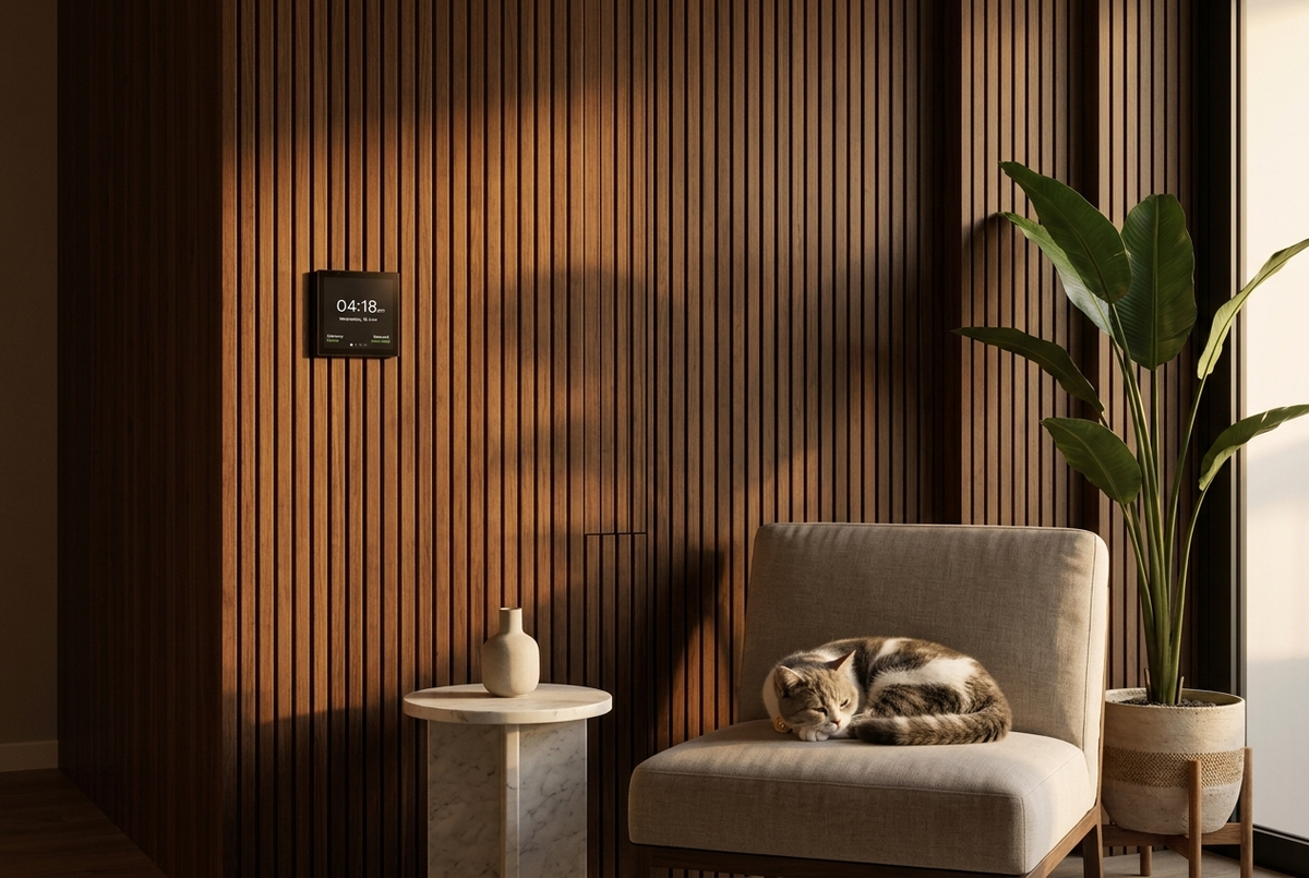 Floor plan tablet on dark walnut wall, living room with marble coffee table