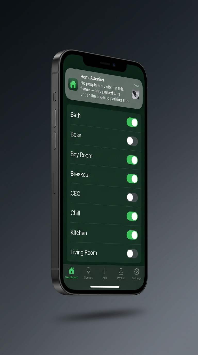 The Home-A-Genius app showing a Vision AI camera notification and room toggles