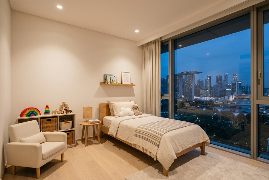 Children's bedroom with recessed tunable downlights and Singapore skyline view