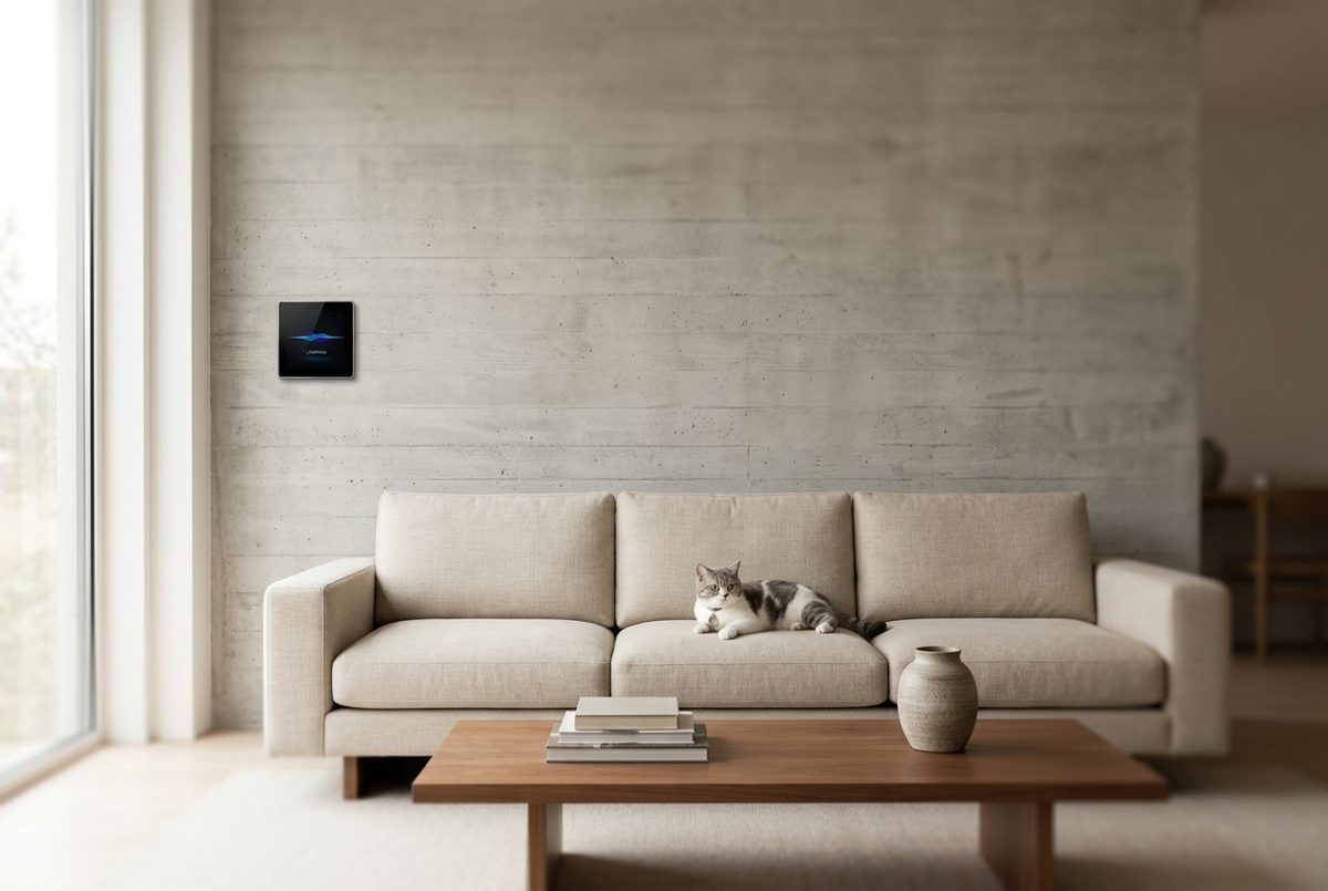 Modern living room, AI voice panel, recessed cove lighting