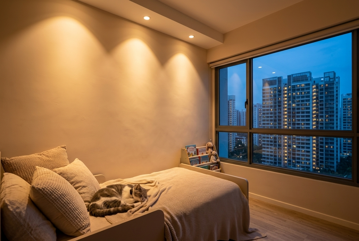 Kids' bedroom, tunable white downlights at warm tone